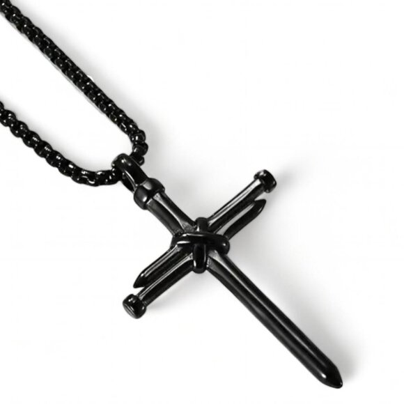 NEW - 3 NAILS CROSS PENDANT ZINC ALLOY NECKLACE - BLACK 24 INCH - Picture 2 of 3